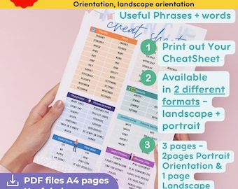 May include: A colourful cheat sheet for learning French. The sheet includes useful phrases and words, months of the year, seasons, time phrases, question words, and useful words. The cheat sheet is available in two formats: landscape and portrait. It is printed on A4 paper and includes 3 pages.