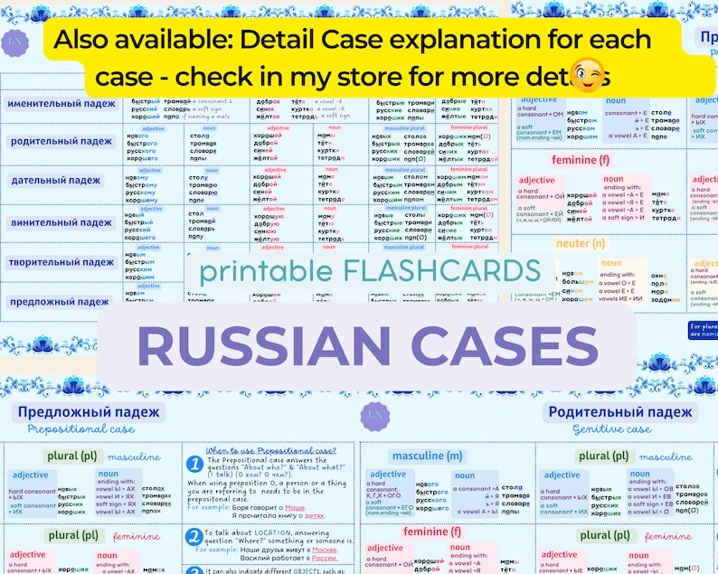 RUSSIAN Grammar BASICS A4 Flashcards Russian CASES Overview for Nouns