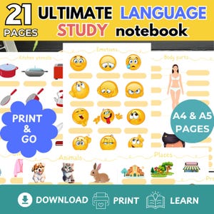 Language Learning STUDY NOTEBOOK French language study notebook Language Learning Printable PDF or iPad notes Vocabulary Study Notebook