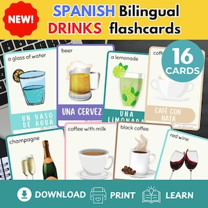 Learn Spanish Drinks Flashcards Bilingual Spanish English Flashcards language learning Montessori Homeschooling Spanish English pdf
