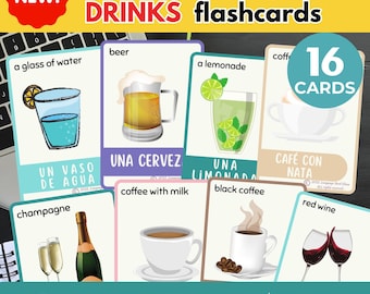 Learn Spanish Drinks Flashcards Bilingual Spanish English Flashcards language learning Montessori Homeschooling Spanish English pdf