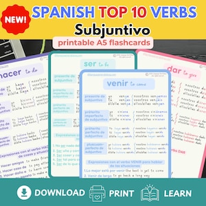 Conjugating Spanish Verbs  SPANISH Grammar BASICS A5 flashcards Spanish Top 10 common Verbs in SUBJUNTIVO Educational Printable Flashcards