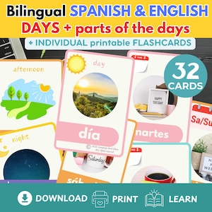 SPANISH Days of the week flashcards | Spanish English Educational Printable flashcards Classroom material Preschool Kindergarten Montessori