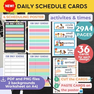 May include: A collection of daily schedule cards with the text "Daily Schedule Cards" and "Activities & Times." The cards include 4 scheduling posters, 29 A4 pages, and 36 cards per design. Instructions are included.