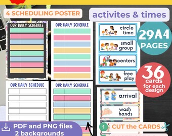 May include: A set of colorful daily schedule cards with the text "Daily Schedule Cards" and "Activities & Times." The cards include 4 scheduling posters, 29 A4 pages, and 36 cards per design. Instructions are included.