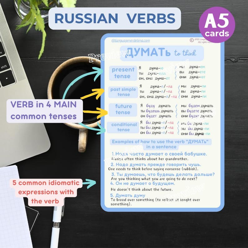 May include: A blue and white flashcard with the Russian verb "думать" (to think) conjugated in four main tenses: present, past simple, future, and conditional. The card also includes five common idiomatic expressions with the verb.