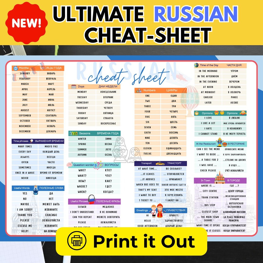 RUSSIAN English PDF Cheat Sheets Russian Language Learn Russian ...