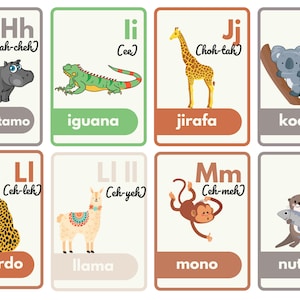 Peut inclure: Cartes m&eacute;moire color&eacute;es avec des illustrations d'animaux et leurs noms en espagnol. Les lettres H, I, J, K, L, M et N sont pr&eacute;sent&eacute;es avec des prononciations phon&eacute;tiques entre parenth&egrave;ses. Les animaux comprennent un hippopotame, un iguane, une girafe, un koala, un l&eacute;opard, un lama, un singe et une loutre.