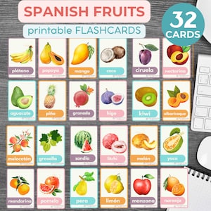 Spaanse en Engelse fruitkaarten Aquarel fruitkaarten - MONTESSOR-flashcards Educatief voorschools Afdrukbaar lesmateriaal