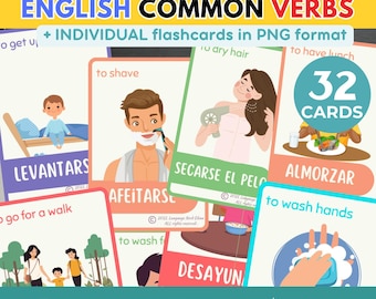 Conjugating Spanish Verb Flashcards Daily Routine Verbs Bilingual English Spanish Flashcards Digitally Download language learning Montessori