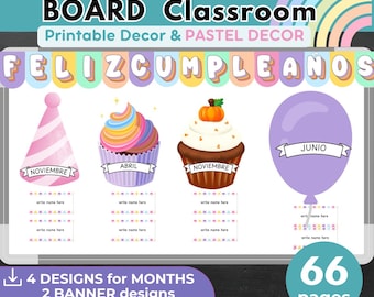 SPANISH Classroom BIRTHDAYS DISPLAYS Pastel Classroom Decor Editable Bulletin Board Spanish Classroom Decor Printable Classroom Decoration