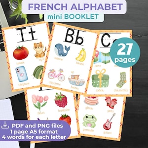 ALPHABET FRANÇAIS Livre avec 4 mots par lettre Éducatif Cartes-éclair imprimables Français débutant Préscolaire Maternelle Enseignement à domicile Français