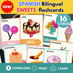 Spanish Food Sweets Flashcards Bilingual Spanish-English Pdf Flashcards learning Spanish Homeschool Resources Spanish Digital Study material