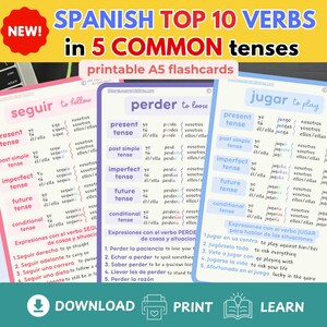 SPANISH Grammar BASICS bundle A5 flashcards Spanish Top 10 common VERBS Spanish Pdf Educational Printable Flashcards Spanish Hacks