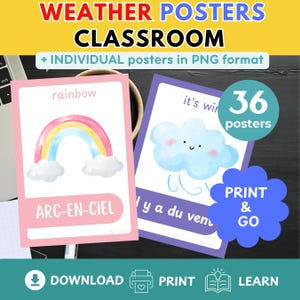 FRENCH CLASSROOM Decor WEATHER Posters Pastel Pop Classroom Decor Back to School French Weather Posters Bilingual Educational French Posters