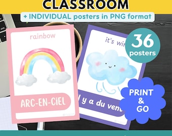 FRENCH CLASSROOM Decor WEATHER Posters Pastel Pop Classroom Decor Back to School French Weather Posters Bilingual Educational French Posters
