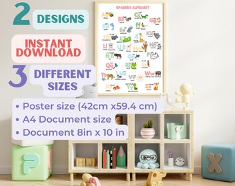 SPANISH Education Posters ALPHABET Poster 2 Designs Educational Printable Spanish Posters Nursery Spanish prints for kids Spanish ABC