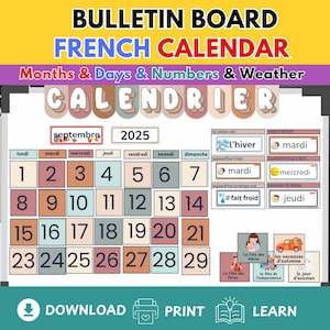 Op de afbeelding: Een Frans kalenderprikbord met de tekst "BULLETIN BOARD FRENCH CALENDAR" in geel en rood. De kalender bevat de maand september 2025, de dagen van de week en nummers. Extra tekst bevat weer- en vakantie-informatie.