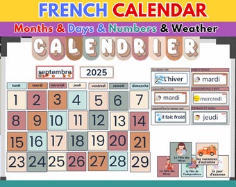 French Classroom Calendar: Boho Decor Printable Bulletin Board (PDF) Back to School Printable Calendrier en Français