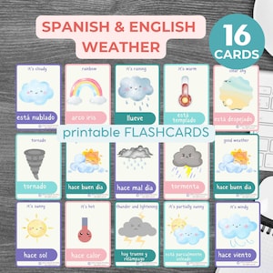 Étudier l'espagnol Météo BILINGUE ESPAGNOL ANGLAIS Cartes Cartes Montessori Cartes préscolaire Cartes éducatives imprimables Astuces espagnoles
