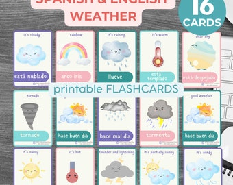 Spanish Weather Flashcards: Bilingual Montessori Learning (Digital Download) Spanish English cards
