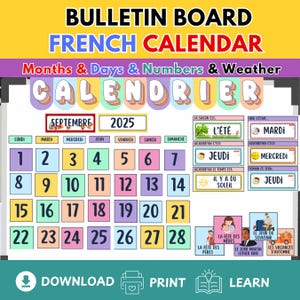 Può includere: Una bacheca calendario francese colorata con il testo "French Calendar" e "Months & Days & Numbers & Weather". Il calendario include il mese di settembre 2025, i giorni della settimana e i numeri da 1 a 28.