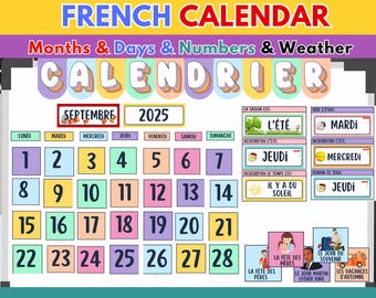 French Classroom Calendar Bulletin Board: Pastel Decor Set Calendrier en Français Bulletin Board Back to School