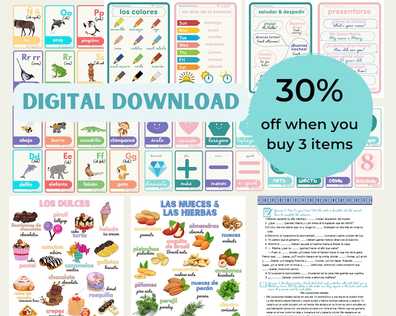 Peut inclure: Un t&eacute;l&eacute;chargement num&eacute;rique de ressources d'apprentissage de l'espagnol. L'image pr&eacute;sente des cartes m&eacute;moire color&eacute;es avec des illustrations d'animaux, d'aliments et d'objets. Le texte comprend des mots et des expressions espagnols, tels que "los colores" (les couleurs), "los dias de la semana" (les jours de la semaine) et "presentarse" (se pr&eacute;senter). L'image comprend &eacute;galement une vente de 30 % de r&eacute;duction pour l'achat de trois articles.