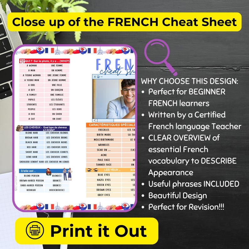 French Language Vocabulary Cheat Sheet: Describe People (PDF) French