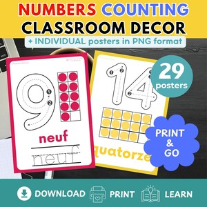 French Number Posters 1-100 | Ten Frames, Tracing Font (Digital Download) Classroom Decor for French classroom