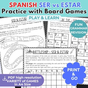 May include: An educational game sheet in Spanish, titled "Ser vs Estar", with board games. The sheet includes instructions, examples, and a "Battleship" game. The text "Print & Go" is visible.