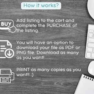 May include: A digital illustration showing how to purchase and download a digital file. The illustration shows a computer keyboard, a mouse, a notebook, and a pen. The text on the image reads: "How it works? Add listing to the cart and complete the PURCHASE of the listing. You will have an option to download your file as PDF or PNG file. Download as many as you want! PRINT as many copies as you want!! :)"