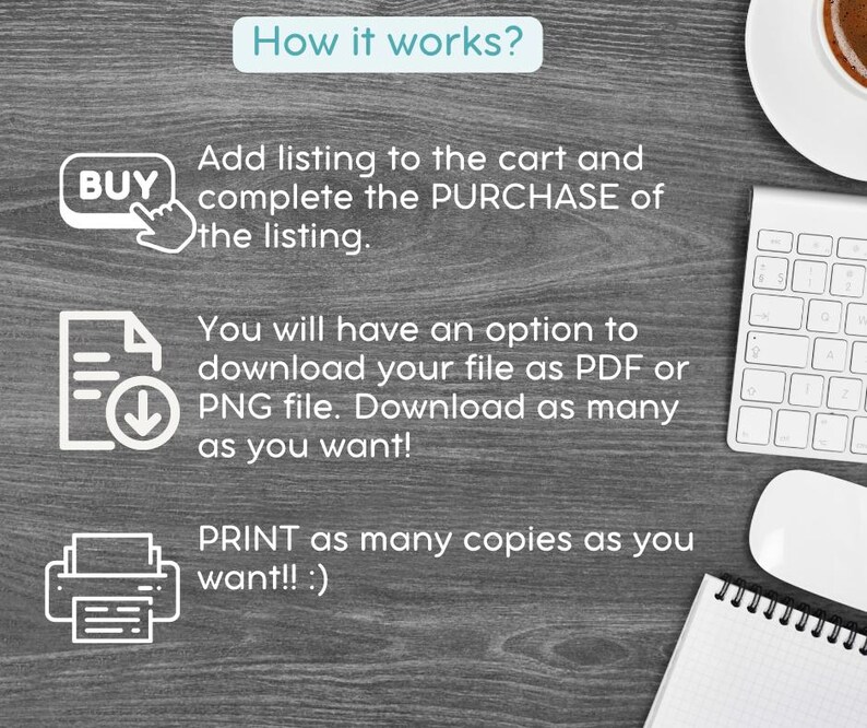 May include: A digital illustration showing how to purchase and download a digital file. The illustration shows a computer keyboard, a mouse, a notebook, and a pen. The text on the image reads: "How it works? Add listing to the cart and complete the PURCHASE of the listing. You will have an option to download your file as PDF or PNG file. Download as many as you want! PRINT as many copies as you want!! :)"
