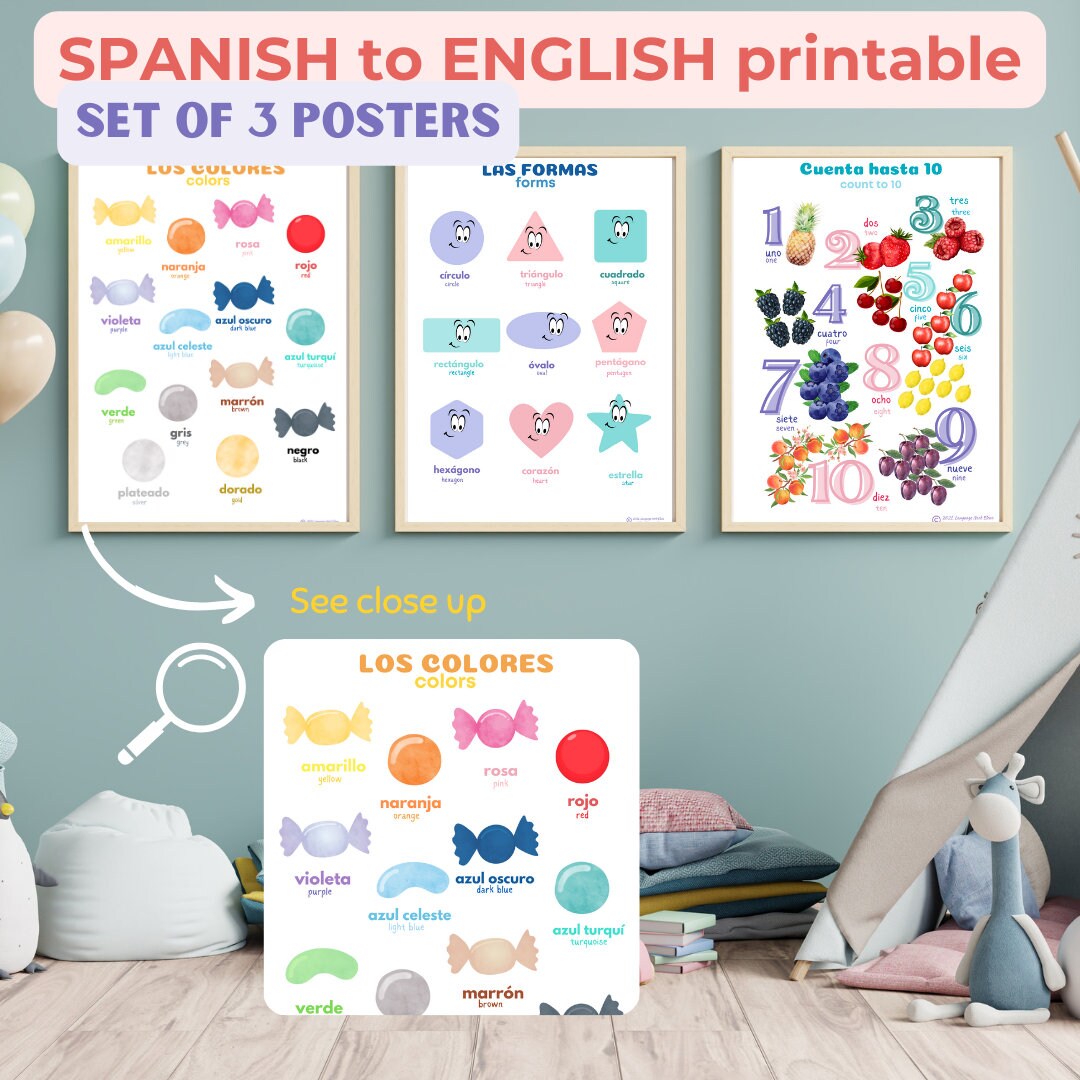 3 Bilingual Spanish Educational Posters Spanish to English Learning ...