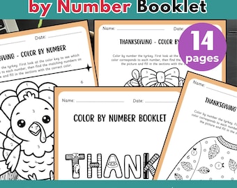 Thanksgiving Color by Number Pages, Elementary School (Digital Download)