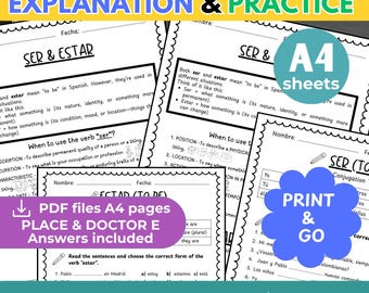Hojas de ejercicios para practicar los verbos en español Ser vs Estar: Material imprimible para la clase de español (PDF)