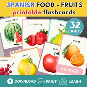Spanish & English Fruits Cards Watercolour Fruits Cards - MONTESSOR flashcards Educational Preschool Printable  Teaching material