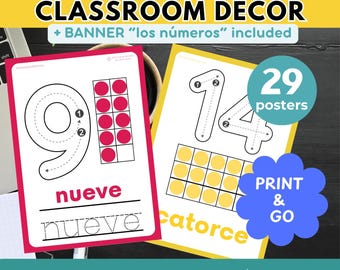 SPANISH Classroom decor NUMBER Posters with TEN Frames 1-100 Counting Spanish Number Posters Los Números Counting in Spanish English Spanish