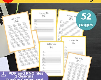May include: A collection of cursive handwriting practice sheets with the text "CURSIVE handwriting". The sheets feature capital and lowercase letters, with the text "PDF and PNG files 2 designs Cursive Capital and small letters". The image shows 52 pages.