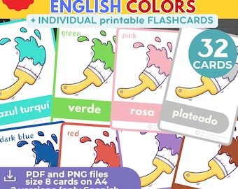 Study SPANISH COLORS BILINGUAL flashcards Spanish and English Language Educational Printable flashcards Teaching and Learning material