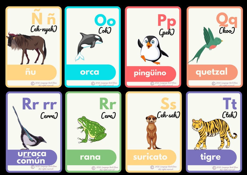 Peut inclure: Cartes m&eacute;moire color&eacute;es avec des lettres de l'alphabet espagnol et des illustrations d'animaux. Chaque carte pr&eacute;sente une lettre, sa prononciation et le mot espagnol pour l'animal.