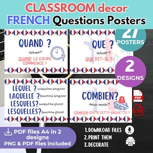 French Classroom Decor QUESTION WORDS in FRENCH Interrogatives Posters Learn French Bulletin Board Back-to-School Printable Posters