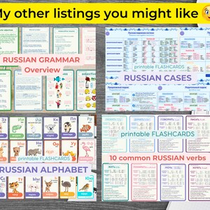 May include: Printable flashcards for learning Russian grammar, including an overview of the language, common verbs, cases, and the alphabet. The flashcards feature colorful illustrations and are designed for easy learning.