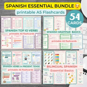 Learn SPANISH BASICS OVERVIEW bundle A5 flashcards Learn Spanish Essentials Overview Spanish Educational Printable Flashcards Spanish hacks