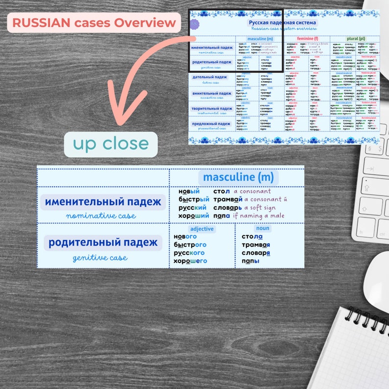 RUSSIAN Grammar BASICS A4 Flashcards Russian CASES Overview for Nouns