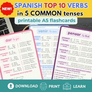 Gramática Básica ESPAÑOLA A5 tarjetas educativas | Los 10 VERBOS más comunes en español | Tarjetas Educativas Imprimibles en Español