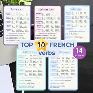 FRANSE grammatica leren BASICS bundel A5-flashcards Franse top 10 van veelvoorkomende werkwoorden Franse educatieve afdrukbare flashcards Lesmateriaal