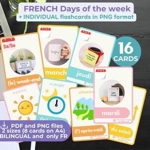 Learn FRENCH Days of the week flashcards French English Educational Printable French Classroom Learning Material Homeschooling French