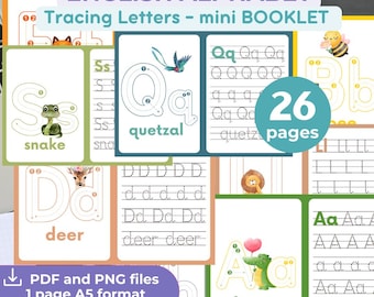 May include: A colourful printable alphabet tracing booklet for kids. Each page features a different letter of the alphabet with a cute animal illustration and dotted lines for tracing. The booklet includes 26 pages, one for each letter, and is designed to help children learn to write the alphabet.