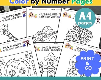 Coloring-by-Number SPANISH Language Worksheets Día de los Muertos Day of the Dead Color by Number Printable